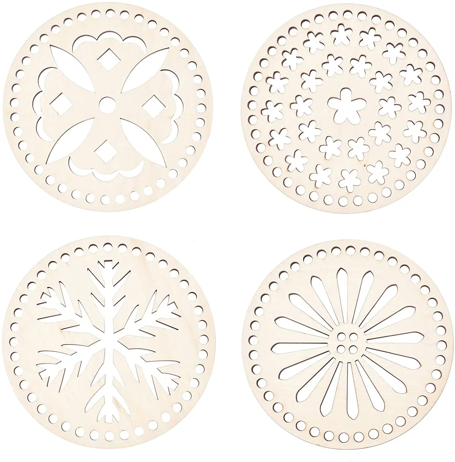 

4 PCS Flat Round with Flower Wooden Basket Bottoms Crochet Basket Base for Basket Weaving Supplies Burlywood 5.51x0.197inches