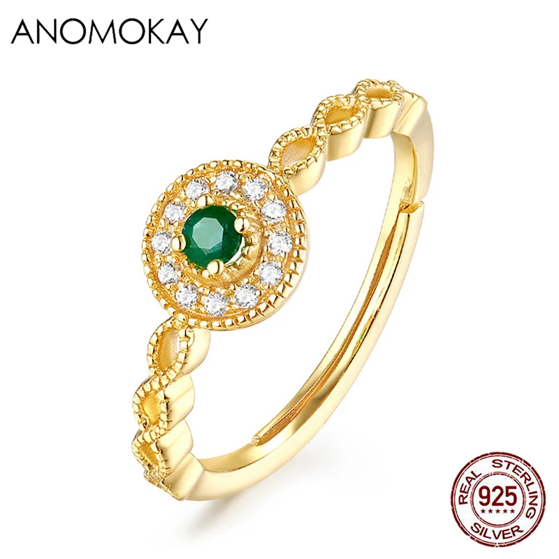 

Anomokay Classic Green Zircon Gold Color Round Rings for Women Lovers Gift 100% 925 Sterling Silver Resizable Ring with White CZ