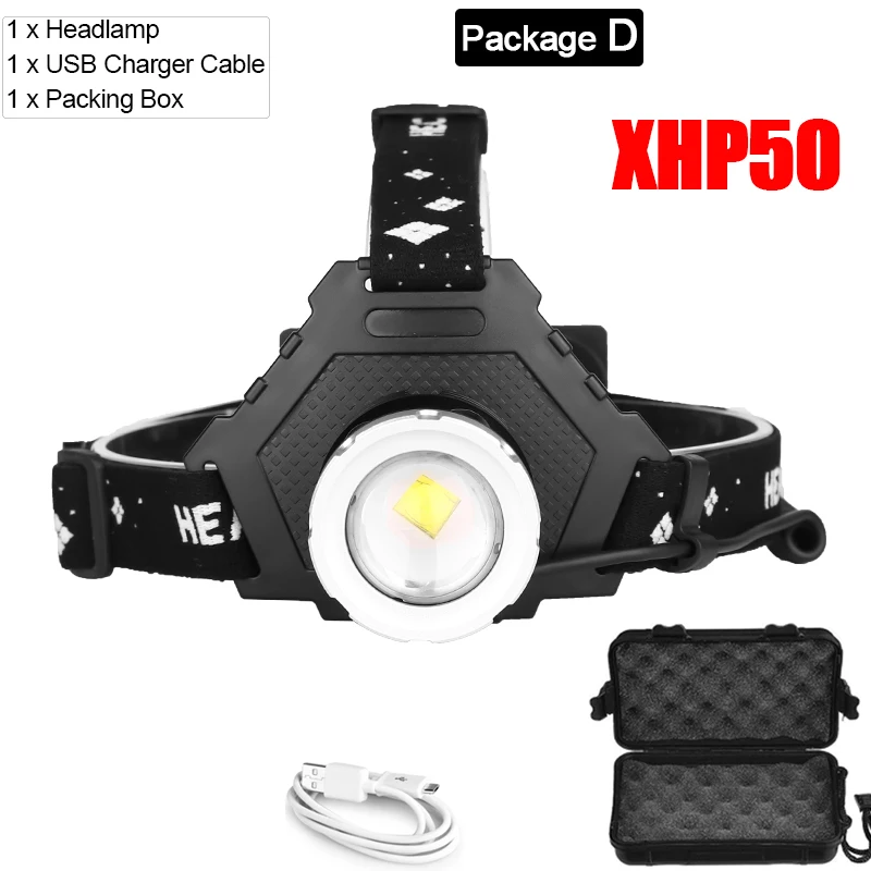 Package D 8000лм XHP70.2 USB Перезаряжаемый светодиодный налобный фонарь XHP70 супер яркий налобный фонарь XHP50 для охоты, велоспорта, рыбалки, использования 3x18650 - Испускаемый цвет: Package D