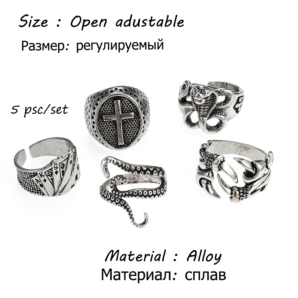 

Retro Hip Hop Snake Rings Set for Men Resizable Open Adjustable Punk Finger Cross Evil Eye Ring Male Jewelry The New Year Gifts