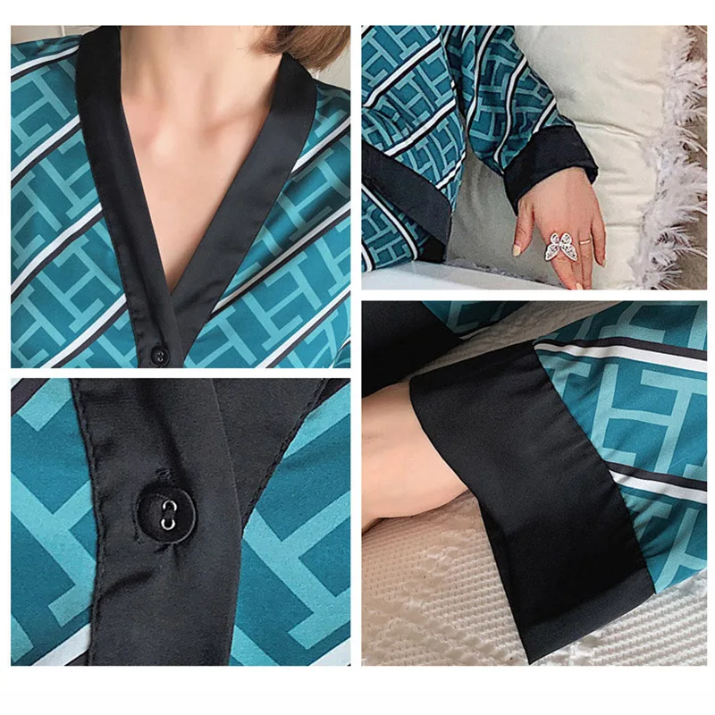 2pcs Women's Pajamas Sets Woman Pajama Summer V Neck Design Suit Long Sleeve Trousers Set Home Clothes Sexy Satin Silk Pijamas