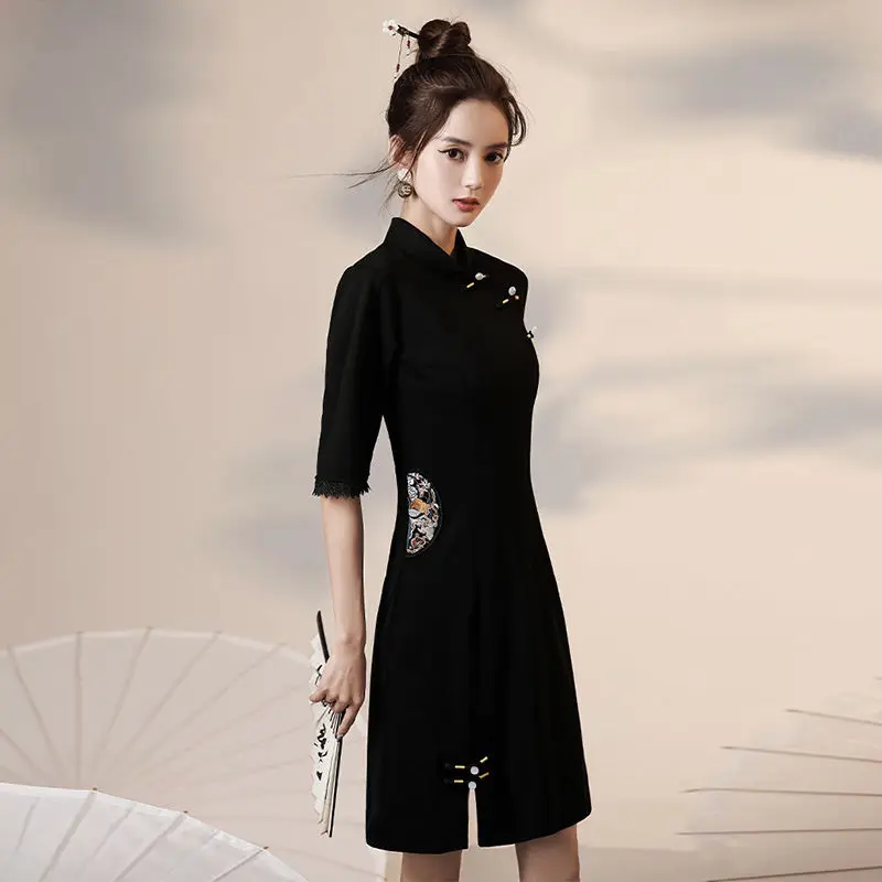 

Summer improved cheongsam Chinese style black dress short girl's dress