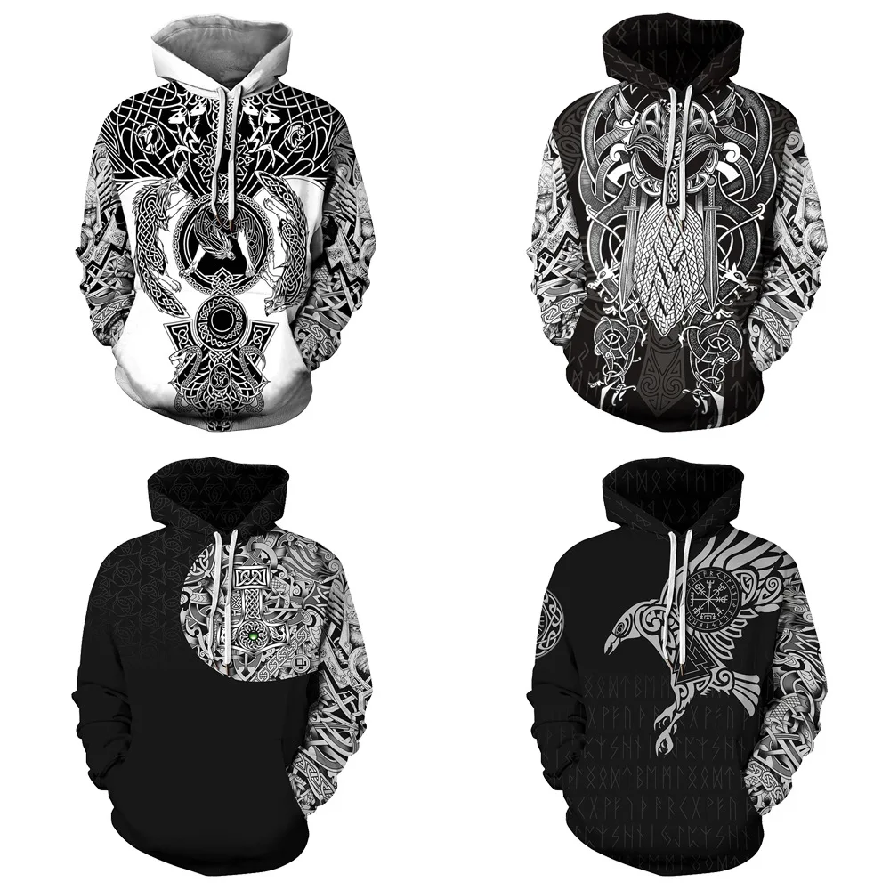 QNPQYX Winter Fashion Men Hoodies 3D All Over Printed Viking Tattoo Hip Hop Costume Unisex Casual Tracksuit Streetwear | Мужская одежда