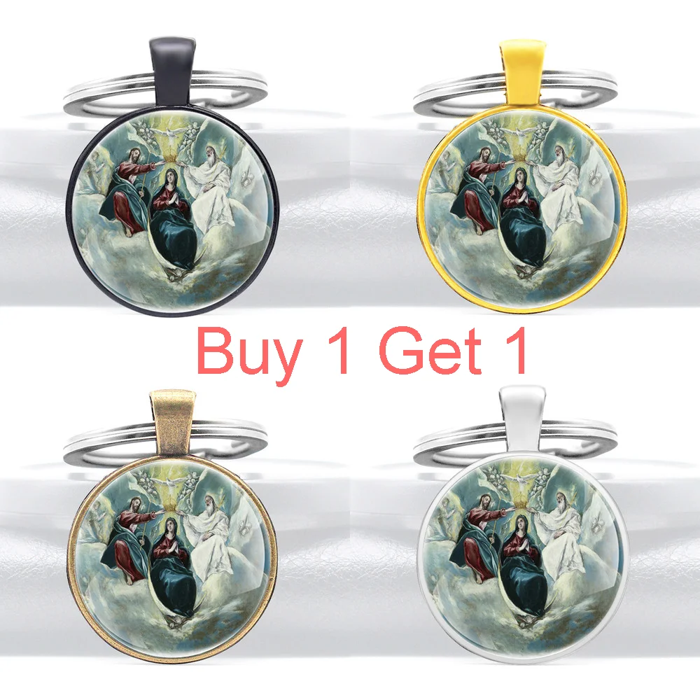 Buy 1 Get 1 Retro Classic Coronation of the Virgin Glass Cabochon Metal Pendant Key Chain Charm Key Ring Jewelry Gifts Keychains