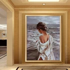 Картина на холсте с изображением красивой девушки, ходящей по берегу, картина маслом, настенная живопись, абстрактный постер и картина для декора гостиной