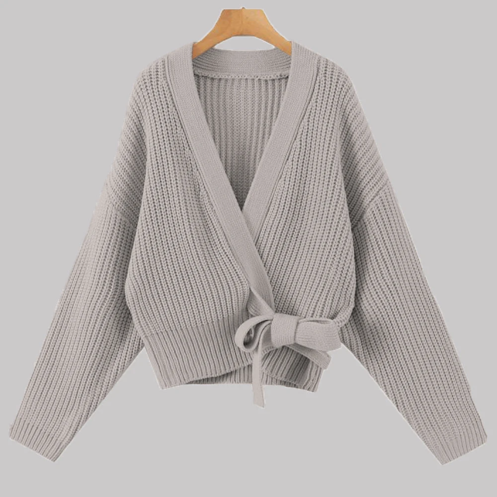 

Зимний женский модный вязаный свитер, элегантный однотонный Кардиган с длинным рукавом, на шнуровке, в стиле пэчворк, простой Свободный V-об...