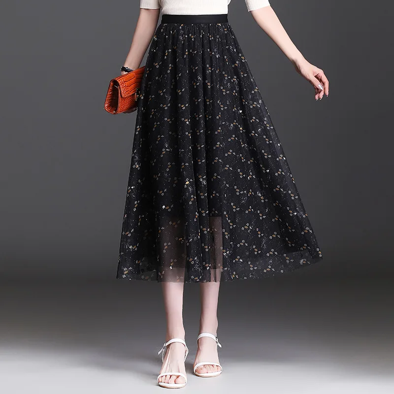 

Women Fashion Print Mesh Pleated Skirt 2021 Autumn New Female Elegant Korean Loose High Waist Casual Long Skirts 8569