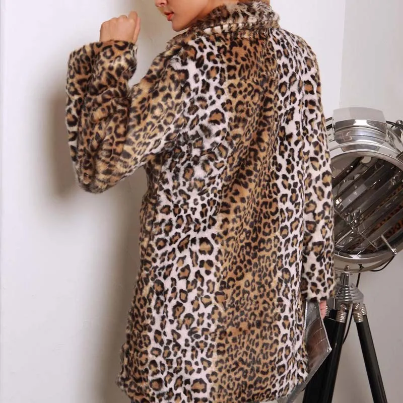 Fashion Leopard Faux Fur Coat Medium Long Top Overcoat Long Sleeve Casual Outwear Winter Faux Fur Coats Women Warm With Pockets