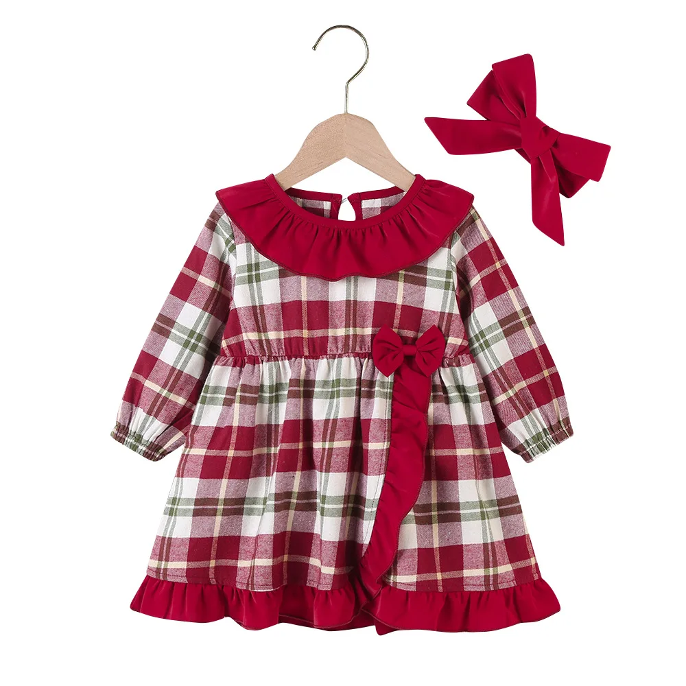 

Autumn Winter 2020 New Girls Dress Long Sleeve Peter Pan Collar Red Bow Plaid Cute Sweet Baby Vestidos 0-2T