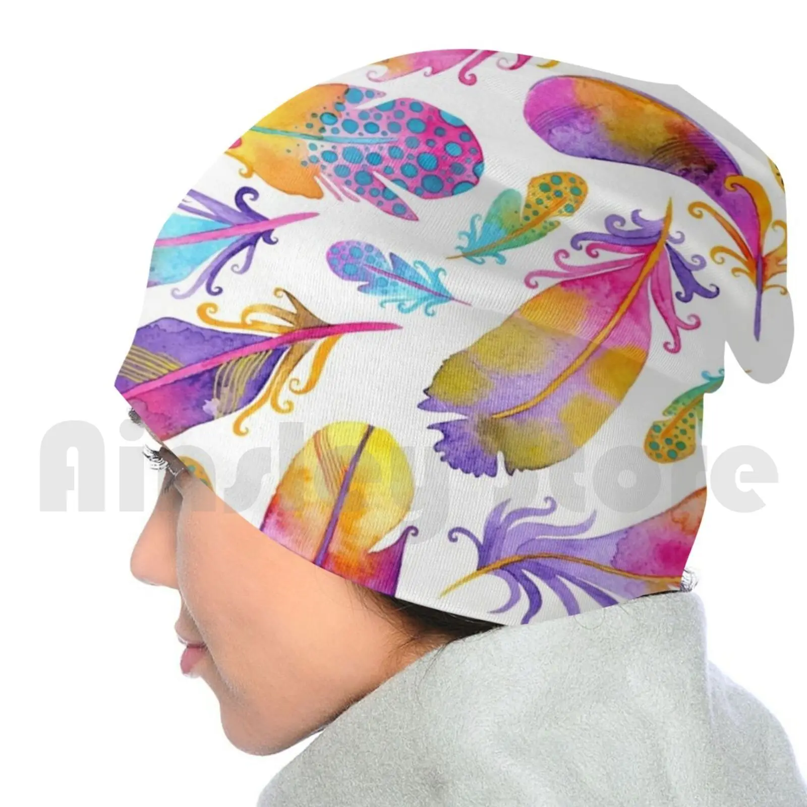 Шапочки пуловеры с рисунком акварельных перьев и заката удобные шапочки