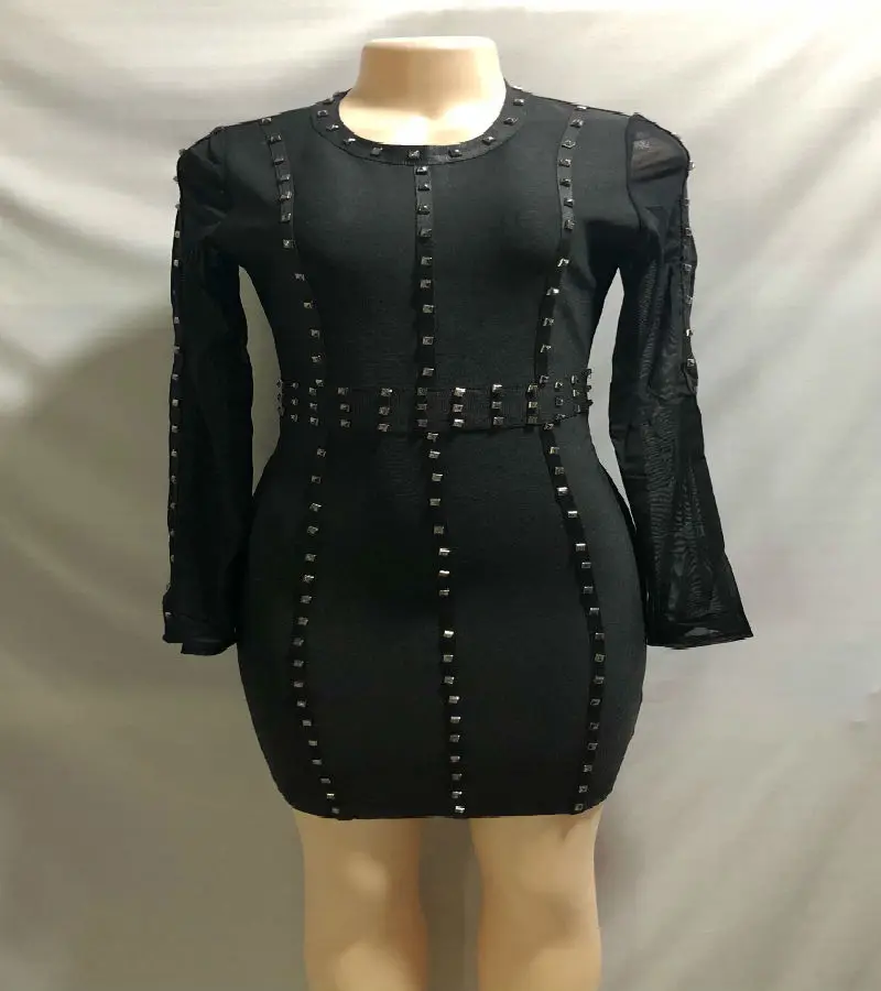 

Loehsao brand women dress rayon mesh rivets black red white bodycon bandage dress evening sexy s spring autumn dresses vestidos
