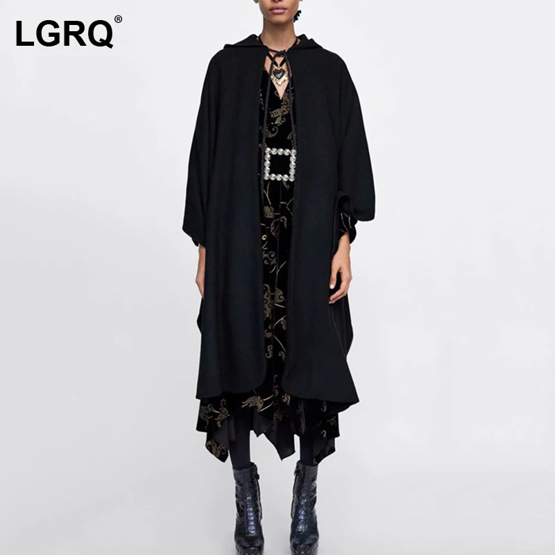 

[LGRQ] Cloak Hooded Neck Loose Woolen Coat Parkas New Long Sleeve Women Western Style Fashion Tide Autumn Winter 2021 19D5438