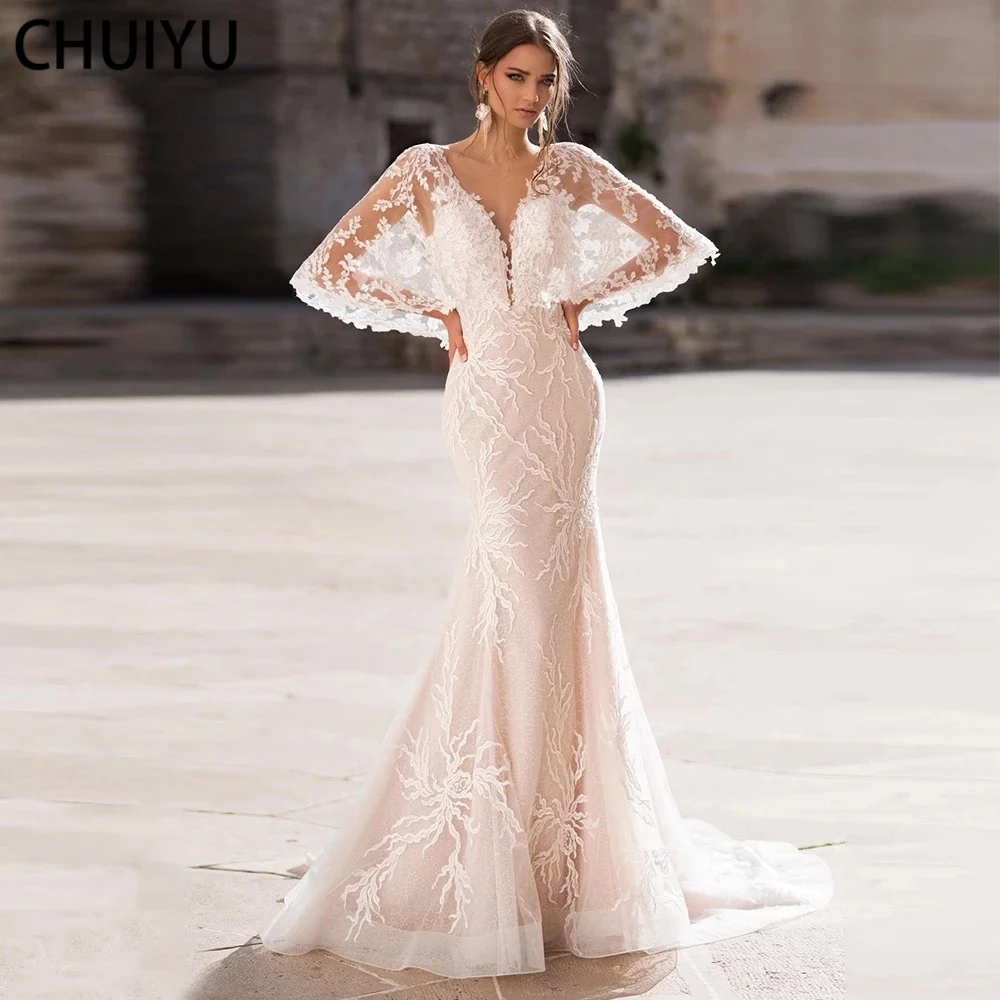 

HERBURNL Glam Wedding Lace Tulle V Neck Half Sleeves Appliqués Mermaid Perspective Dress Prom Fall New Fashion Party