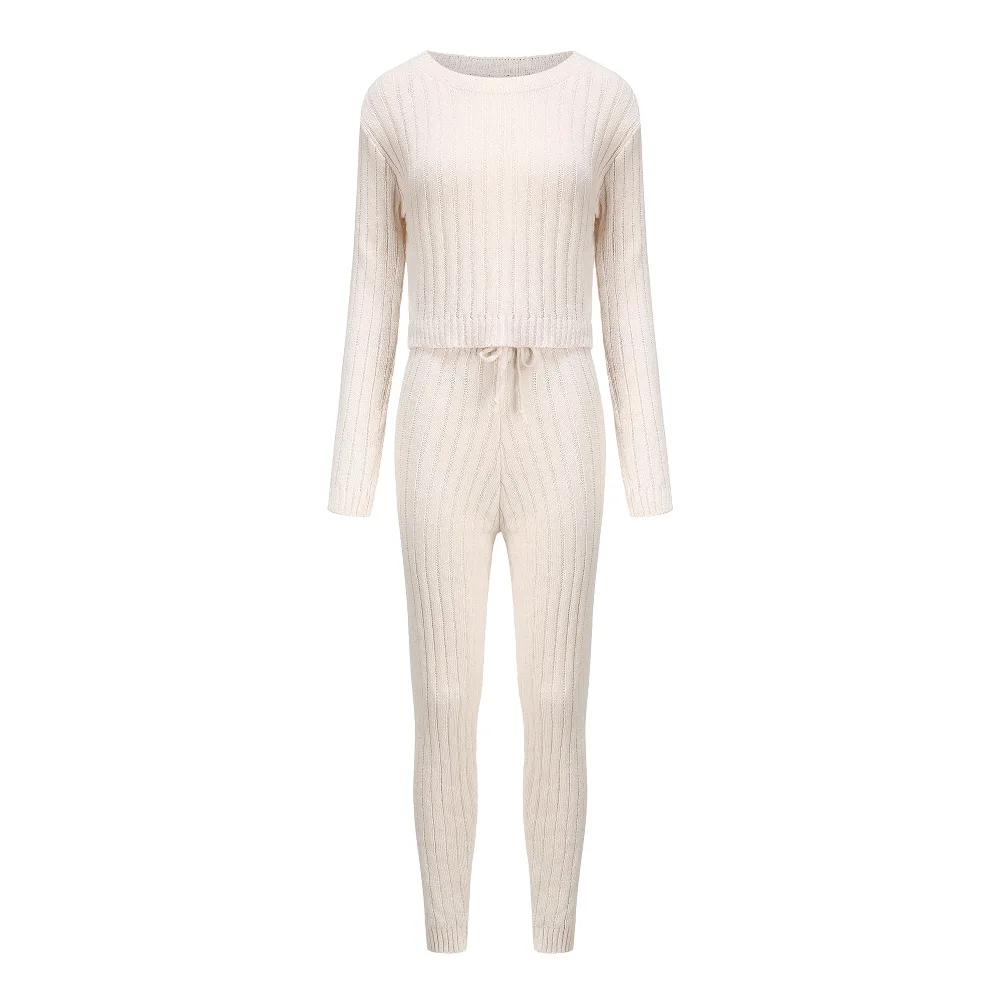 

2 Piece Set Sweater Tracksuits Women Knitted Pants + Neck Pullover Sweater Set Autumn Winter Female Knitted Suit White Clothing