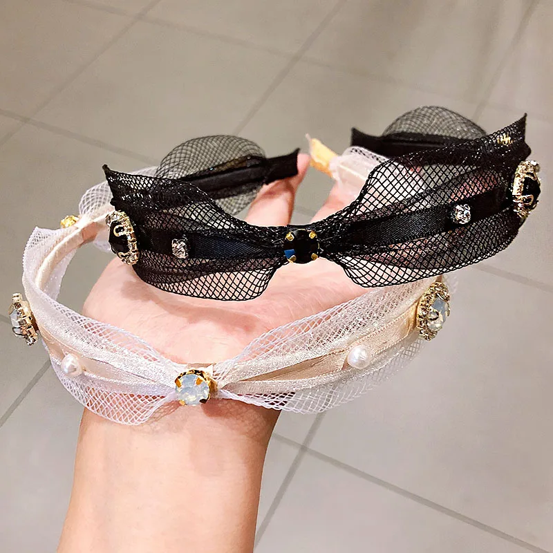 Новые женские элегантные кружевные простые обручи для волос с кристаллами