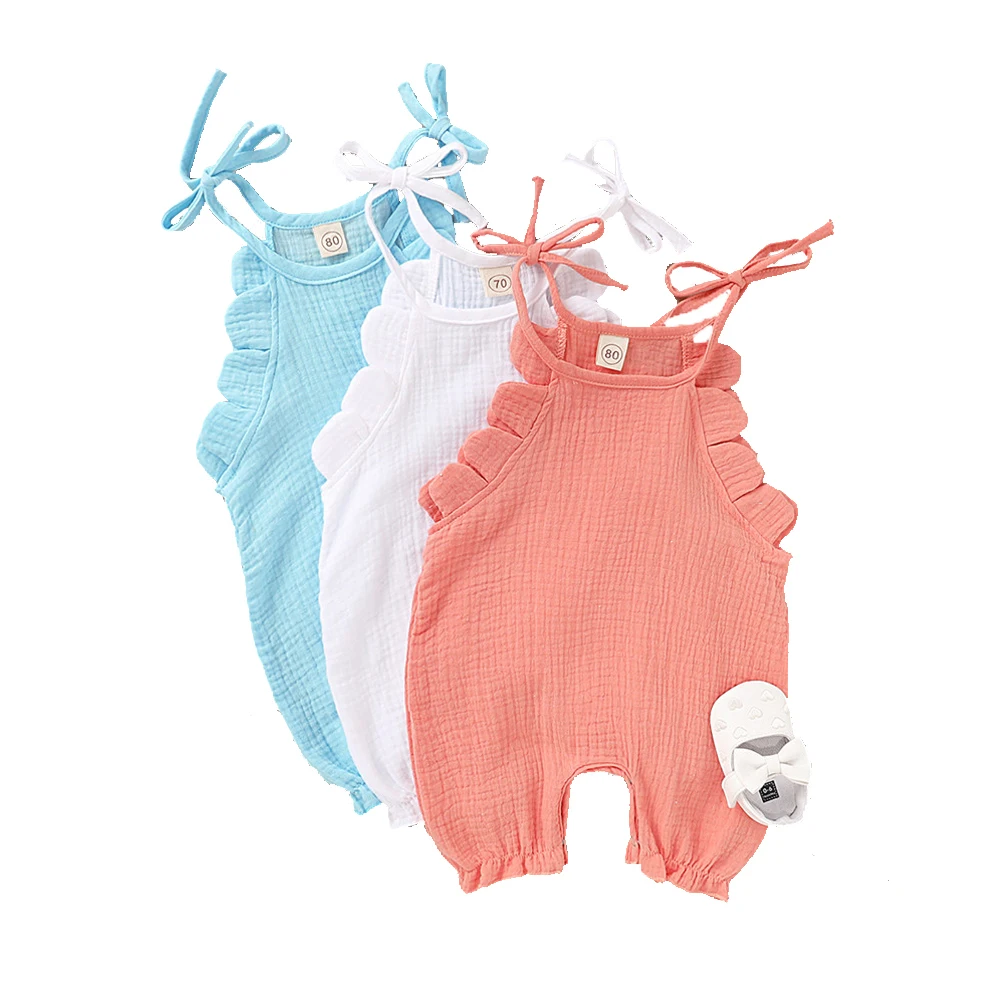 

2020, летняя одежда для малышей, Одежда для новорожденных, для маленьких девочек, с оборками, без рукавов, однотонная ткань, льняной наряд