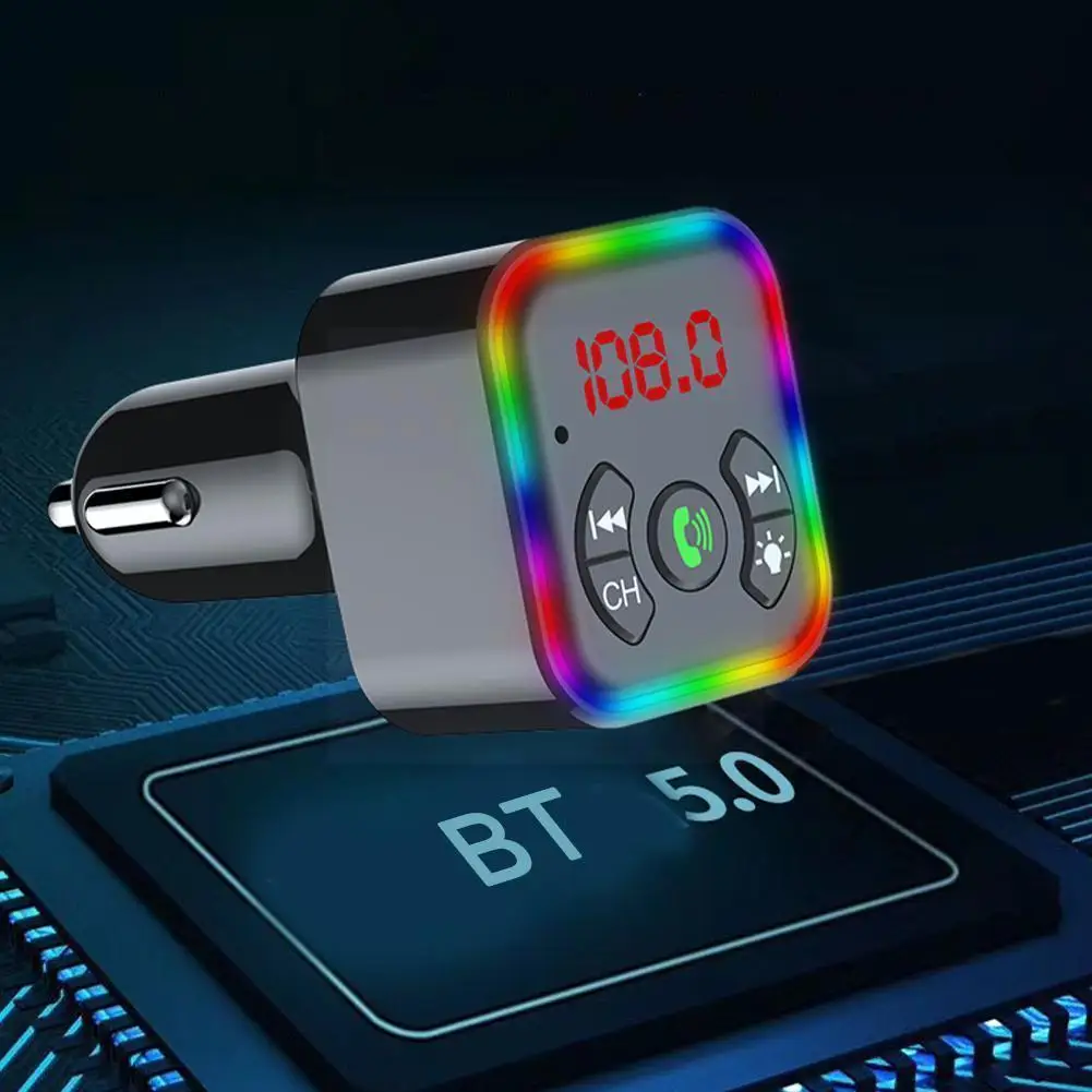 

Bluetooth 5.0 FM Transmitter 3.1A Fast Car Charger USB/PD Colorful Atmosphere Lights MP3 Hands-free Wireless Call Player Au I1F9