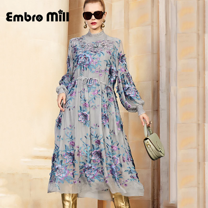 

Autumn And Winter High-End Female Silk Mulberry Embroidery Vintage Style Long Sleeve High Collar Loose Lady Dress One Size