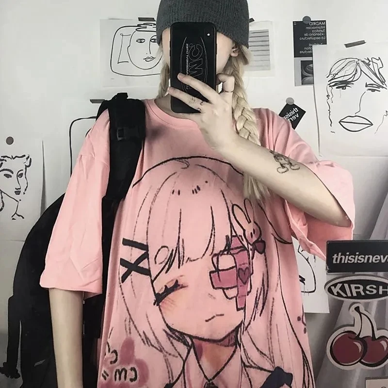 

Woman clothes Harajuku drop-shoulder short-sleeved two-dimensional t-shirt summer Japanese cute Kawaii top Oversized t-shirt y2k