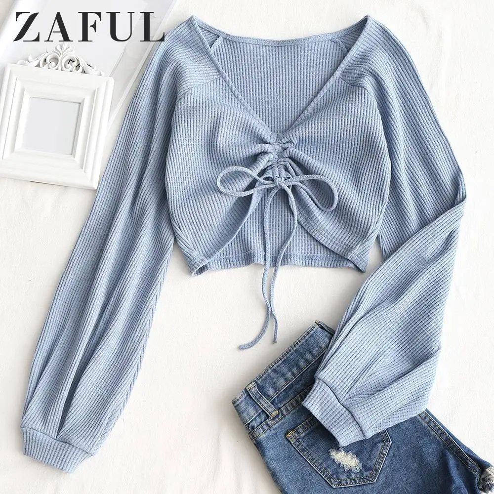 ZAFUL v образный вырез длинный рукав реглан вязаный Топ женская футболка весна 2019