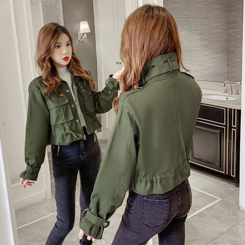 Женская короткая куртка на молнии зеленая куртка-бомбер с длинным рукавом