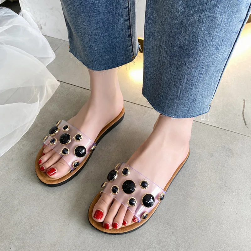 Женские шлепанцы в горошек тапки на платформе металлический тотем плоский