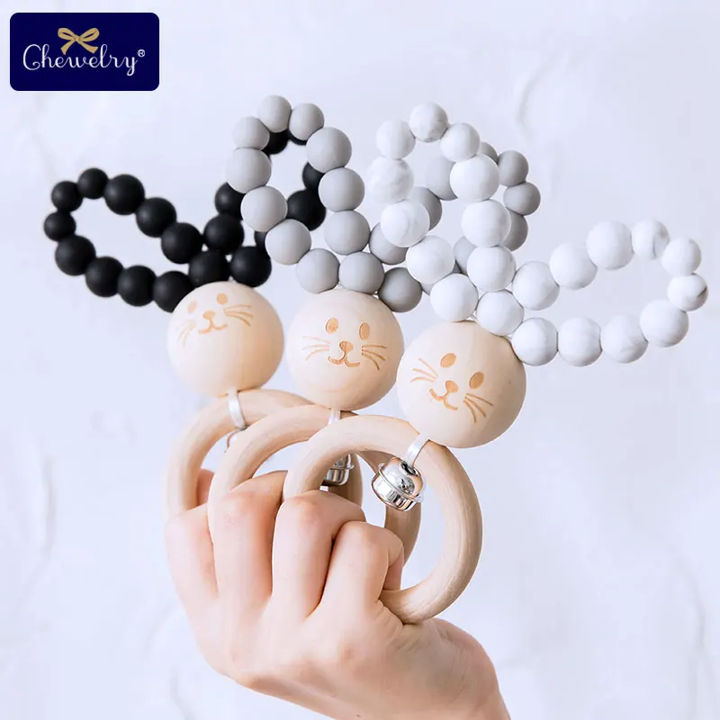 1PC Silicone Baby Teether Rodent Bunny Rattle Bracelet Wooden Ring Teething Toy Food Grade Hand Bell For Children Goods | Мать и ребенок
