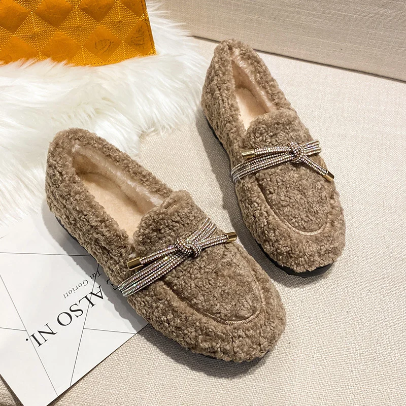 Fur Curly Shoes Woman Glitter Bowtie Cotton Flats Lambswool Loafers Ladies Winter Footwear Cashmere Plush Shoes Comfy Moccasins
