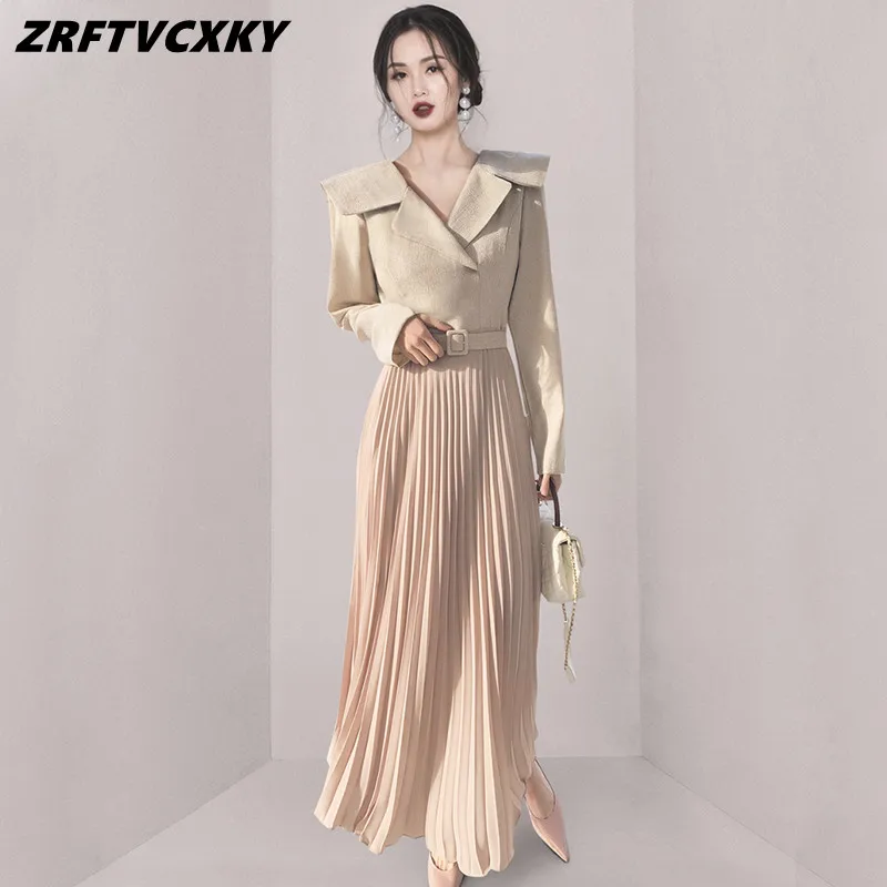 

Elegant Spring Splicing Pleated Fashion Dress Women Simple Slim Midi Business Casual Dresses Korean Party Office Vestidos