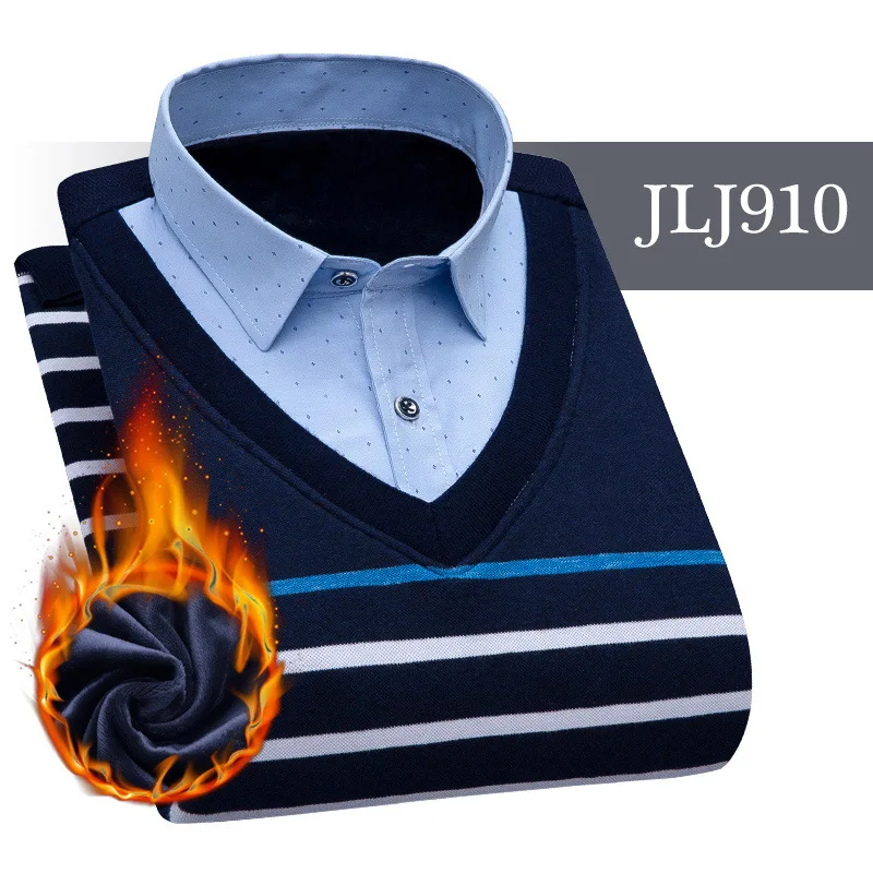 JLJ910 Мужская одежда, рубашки с вышивкой, в полоску, макет, из двух частей, платье, рубашка, имитация двойки, длинный рукав, толстый бархат, свитер, рубашки - Цвет: JLJ910