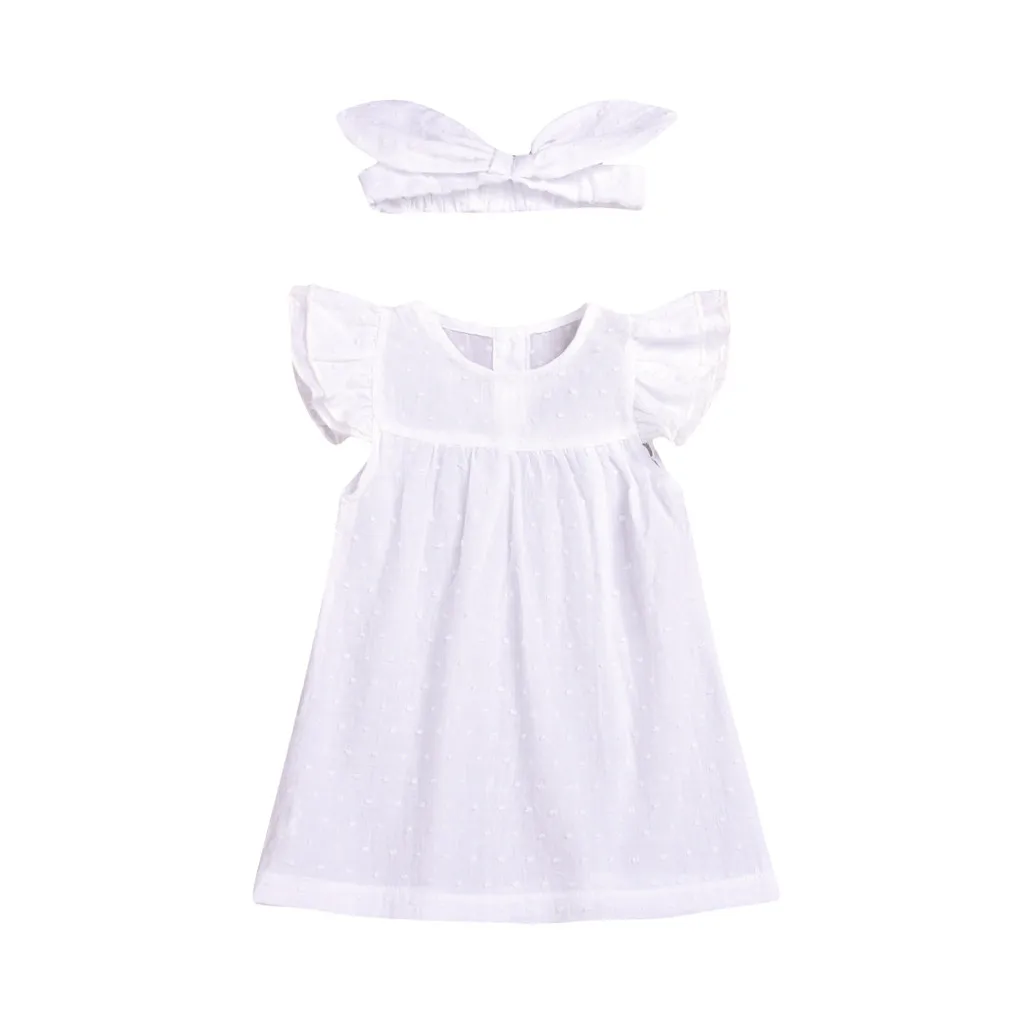 Girls Summer Outfits Toddler Kids Baby Sleeveless Solid Frill Princess Dress + Headband Outfit Vetement Fille For 6M-2Y | Детская одежда