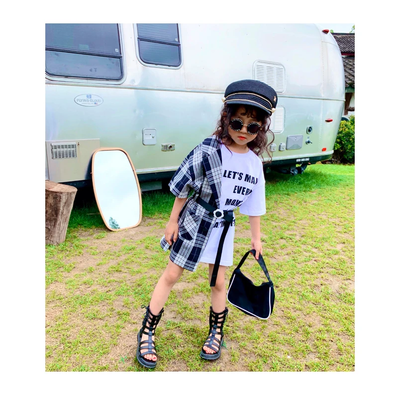 2020 г. Летнее Детское платье корейский нестандартный костюм в клетку рубашка