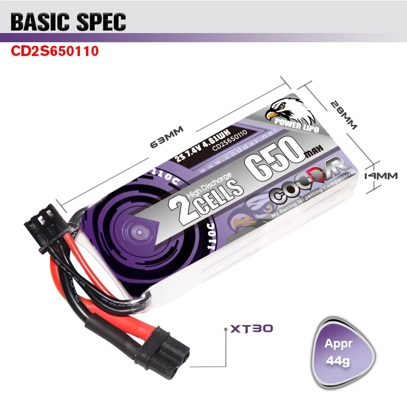 

2 PCS CODDAR Rechargeable 650mAh 7.4V 2S 110C Lipo Battery XT30 Plug For FPV Racing Drone RC Quadcopter Helicopter Parts