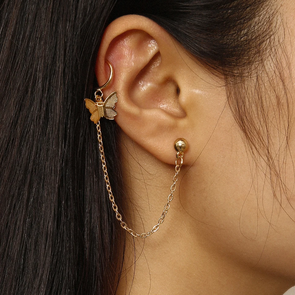 

Long Chain Earrings for Women Cute Butterfly Chain Link Clip Earrings for Women Kpop Gold Color Drop Ear Rings Jewelry Charm