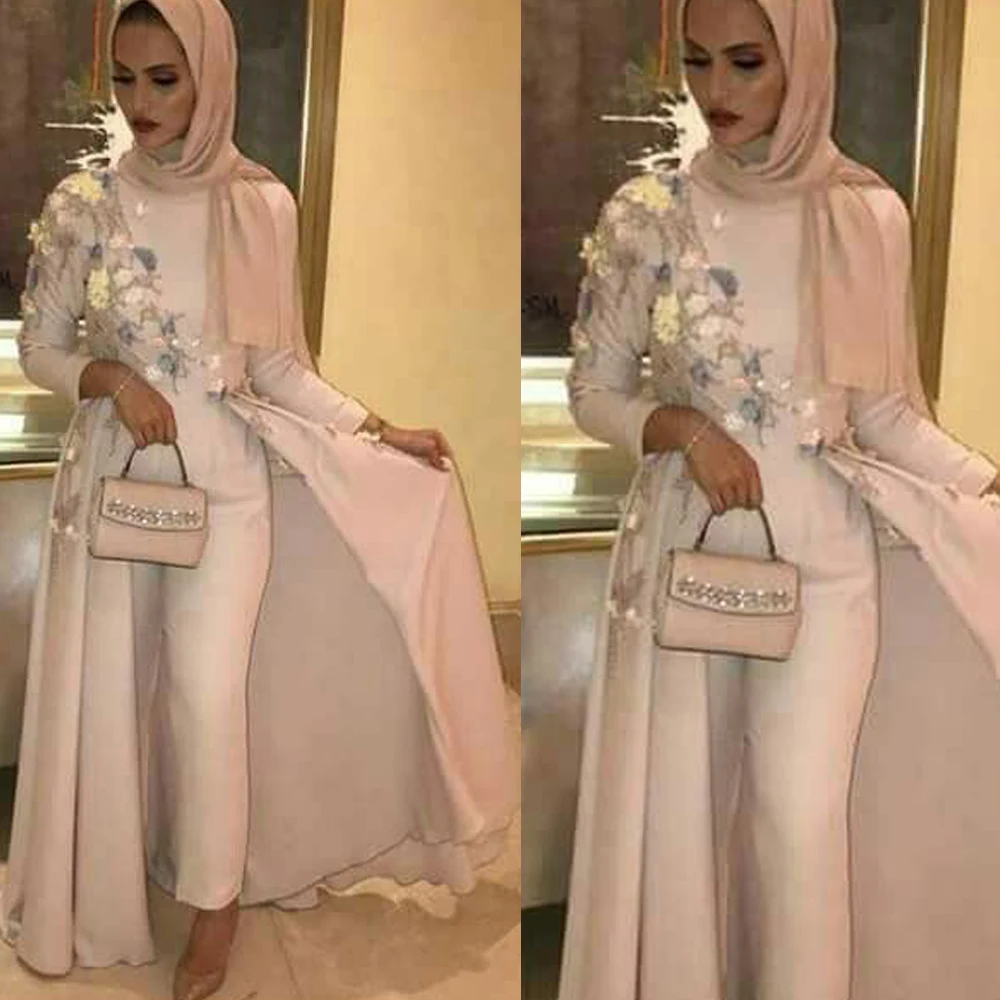 

jumpsuit prom dresses 2020 detachable skirt lace appliques flowers beading long sleeve evening dresses gowns