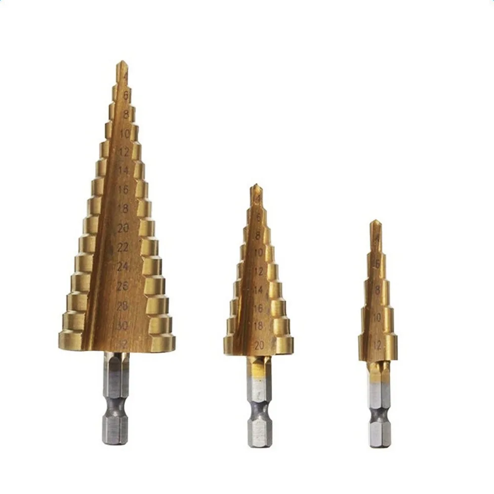 

3pc HSS Step Cone Drill Bit Set Titanium Metric Hole Cutter Tools