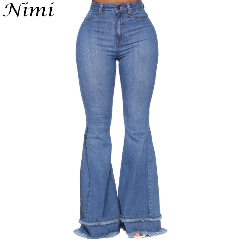 

NiMi Blue Elasticity Flare Woman Jeans Fashion All-Match Wide Leg Trousers Loose Top And Bottom Clothing Pants Trousers Burrs