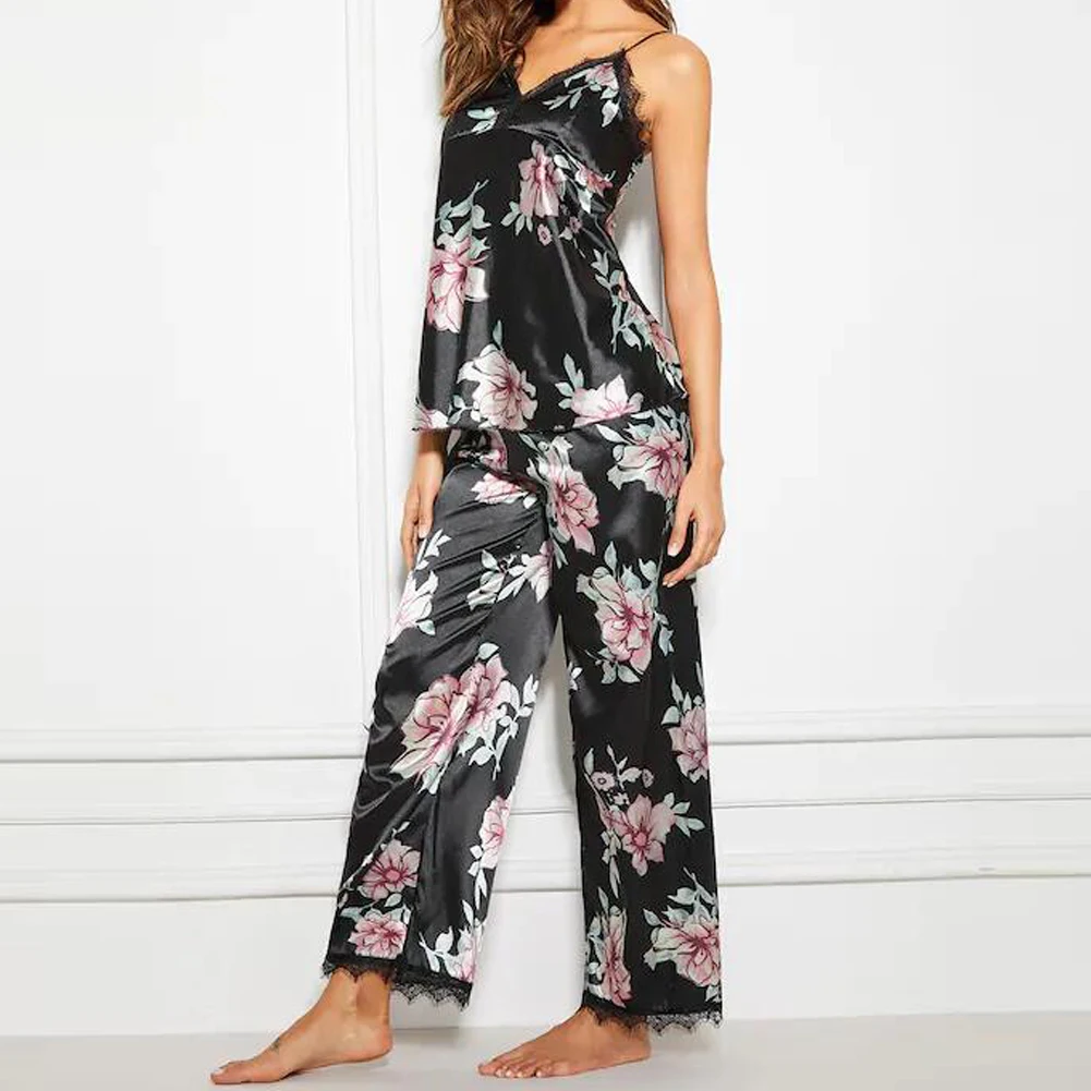 

Fashion Women Ladies Pyjamas Set V-Neck Lace Floral Printed Sleeveless Nightwear