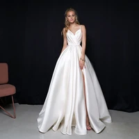 simple satin wedding dress 2021 spaghetti straps pleats skirt elegant slit a line floor length bridal gowns vestido de noiva