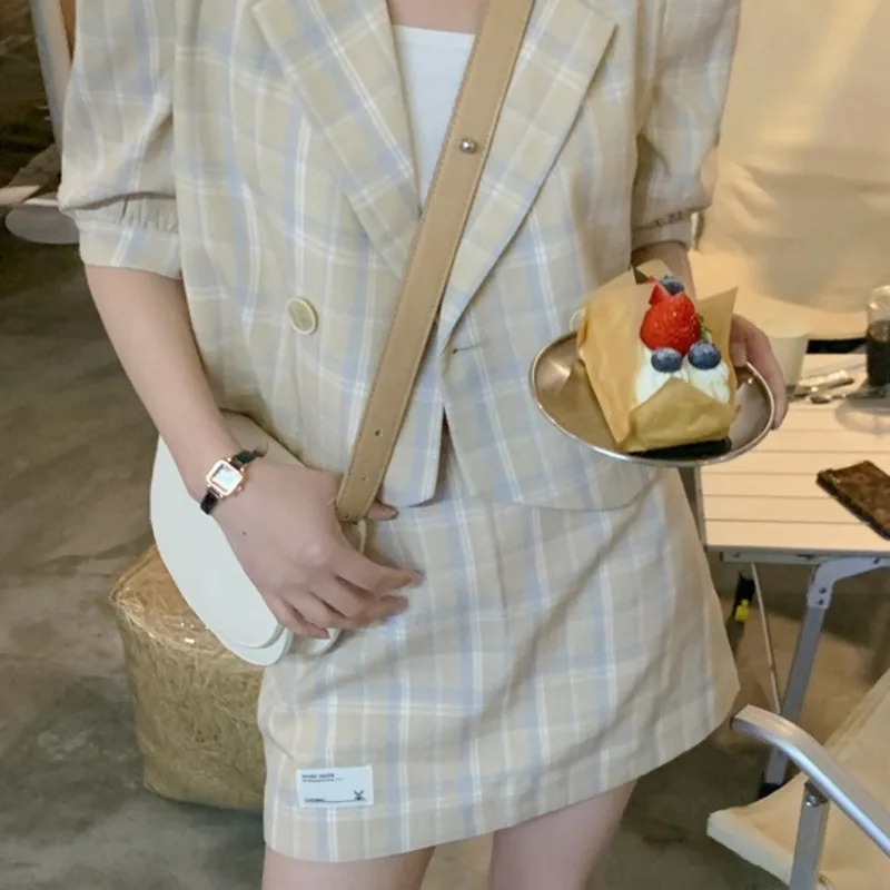 

Women Stylish Clothing Suit 2021 Summer Fashion Plaid Short Blazer Coat+Mini Skirt 2 Piece Set Casual High Street Jacket