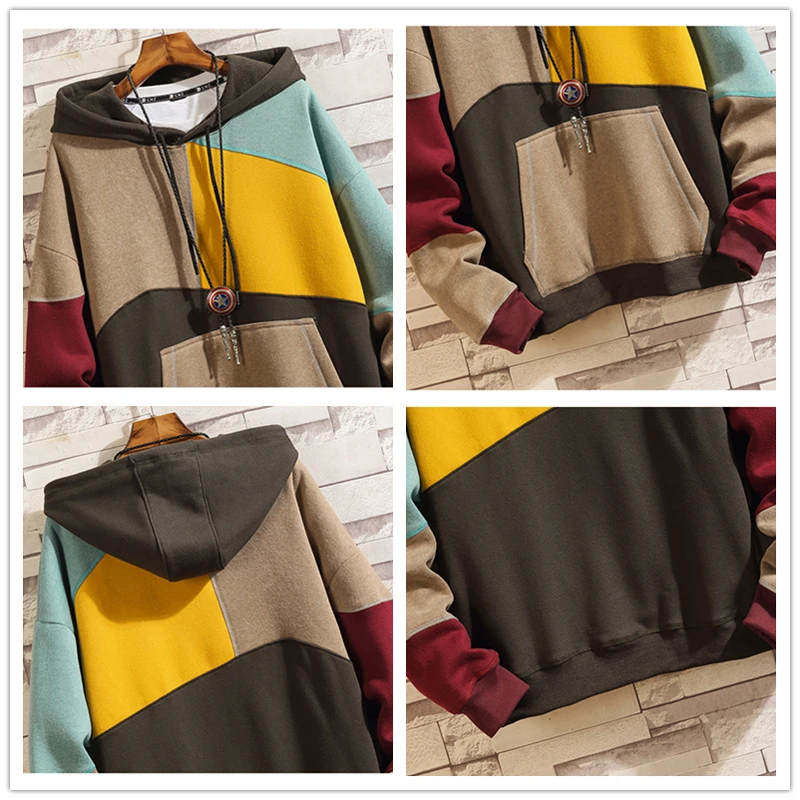 Толстовка JDDTON мужская с капюшоном Свитшот в стиле пэчворк Повседневная Уличная