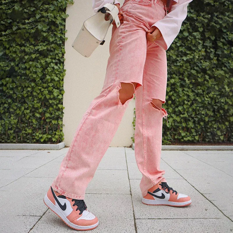 

Women's Pants 2021 New Fashion Washed Street Hipster Straight Wide Casual High Waist Ripped Jeans Trousers Jeans For Girls Y2K