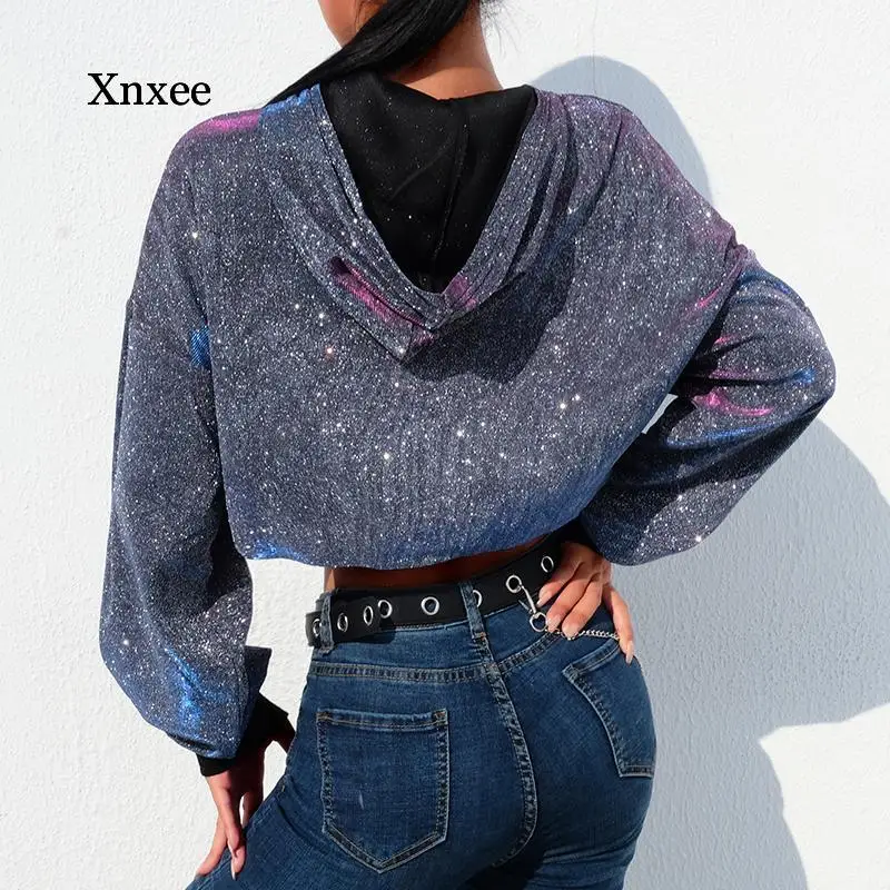 Укороченная Толстовка Оверсайз с серебряными блестками и длинным рукавом