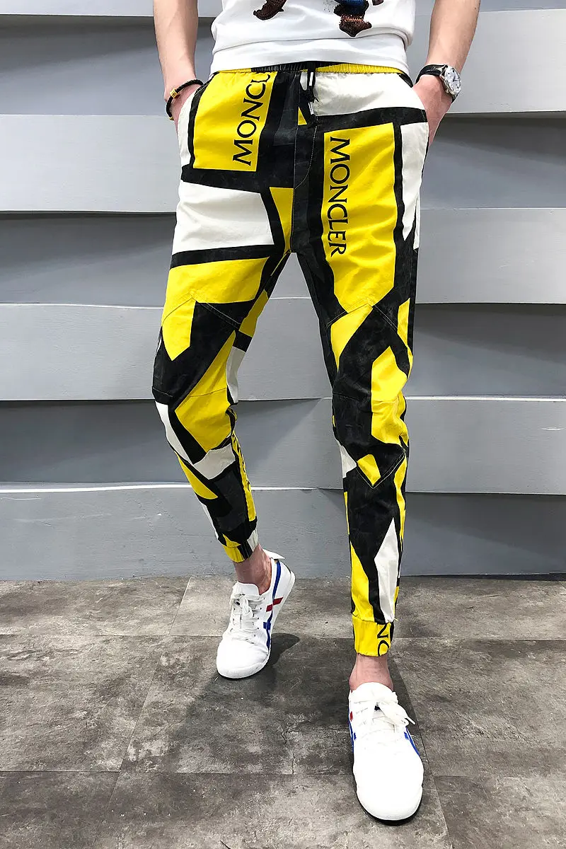 

2020 Spring And Summer New Youth Popular Spirit Guy Color Matching Printed Bouquet Feet Pants Fashion Slim Casual Pants
