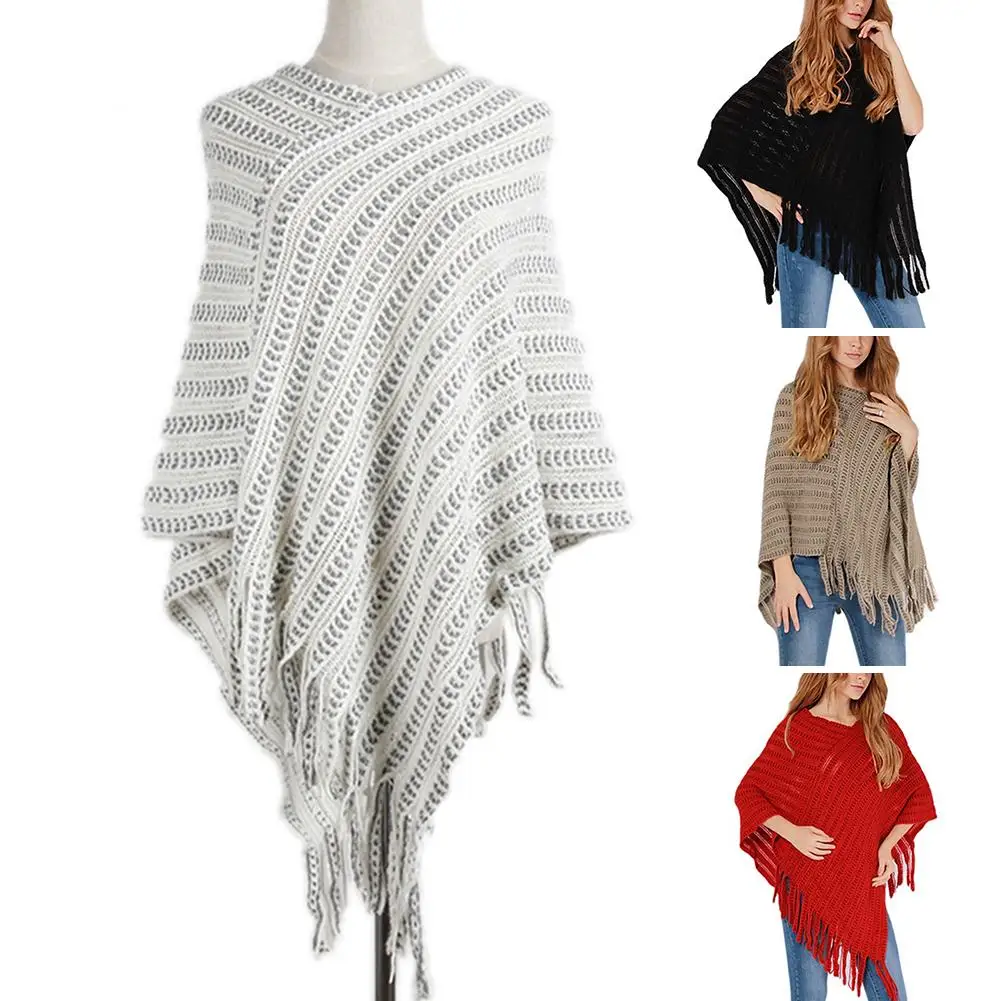 Новое дамское зимнее теплое пальто полосатая шаль с бахромой вязаный свитер плащ