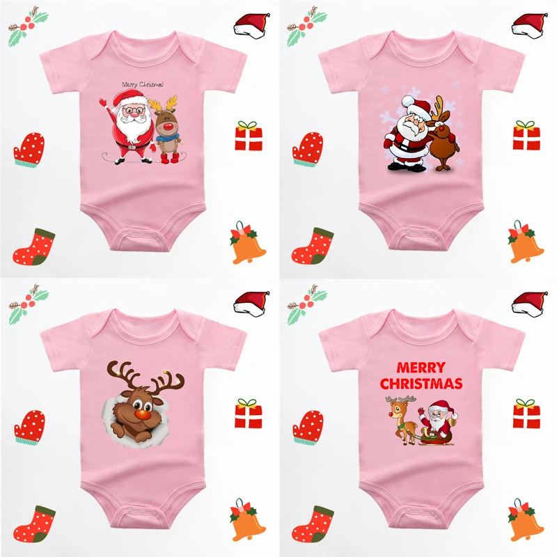 

Fashion Baby Pink Romper Cute Santa Print Jumpsuit Newborn Baby Short-sleeved Clothes Soft Toddler Bodysuit 1923