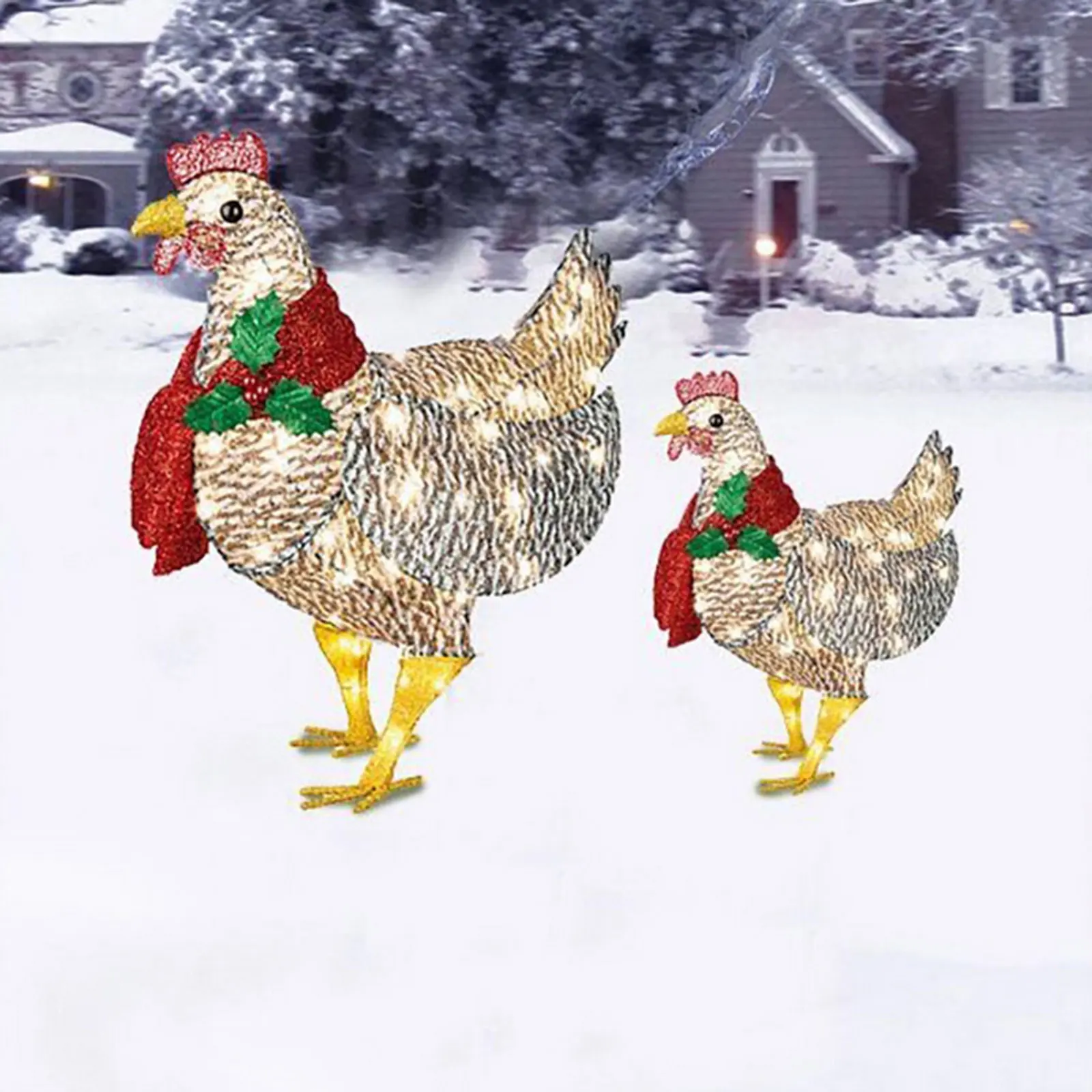 

Courtyard Decoration Light-Up Chicken With Scarf Metal Chicken Sculpture Lawn Corridor Christmas Atmosphere Decoration