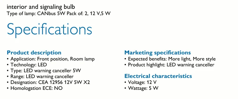 Philips CEA 5W T10 W5W светодиодный Предупреждение ющий CAN-шина с компенсатором помех светодиодный блок управления подходит для 12V 5W светодиодный внутренний& сигнальная лампа 12956X2