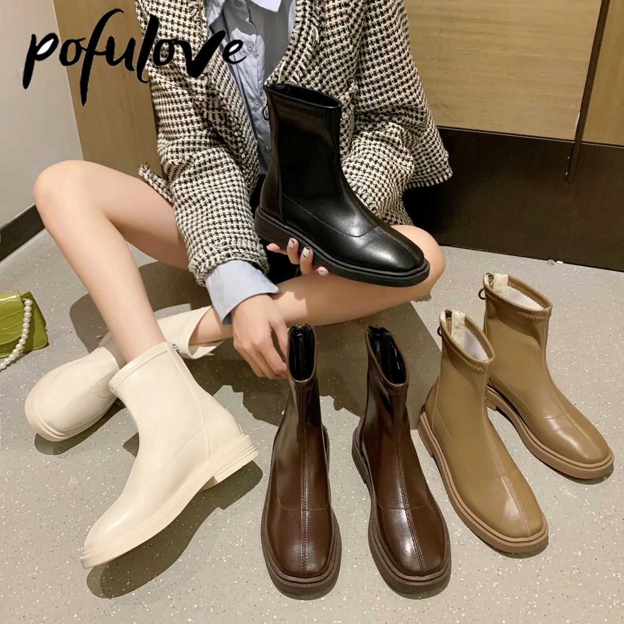 

Pofulove Leather Boots Women Goth Boots Designer Brand Luxury Women Shoes Gothic Punk Shoes Ankle Boots Spring Autumn Botas