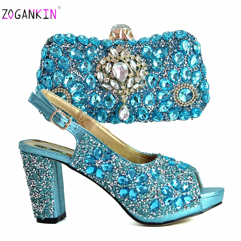 Женские туфли и сумочки в нигерийском стиле светло голубого цвета|Женские туфли|